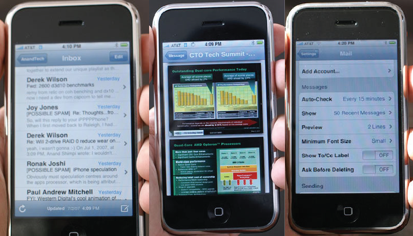iPhone OS 1 email inbox, attachment viewing, and email settings (2007)